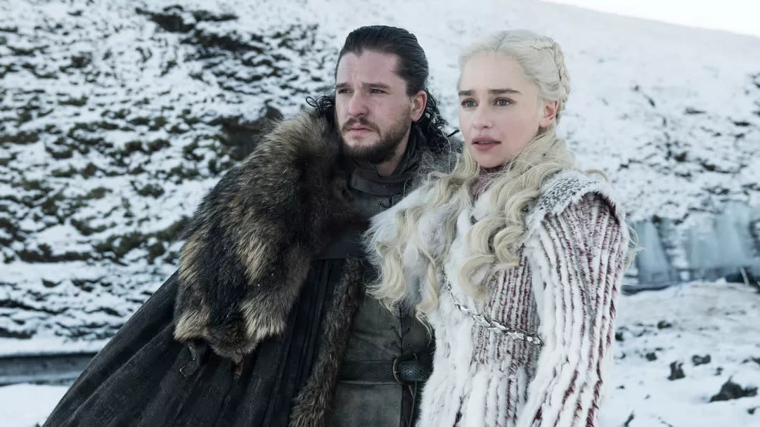 Kit Harington as Jon Snow and Emilia Clarke as Daenerys Targaryen in 'Game of Thrones'. (Credit: HBO)