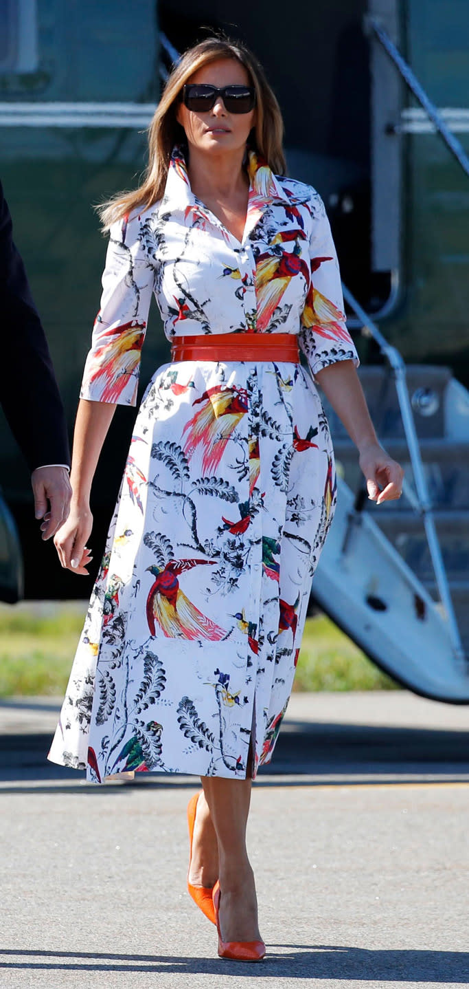 Melania Trump, orange manolo blahnik bb pumps