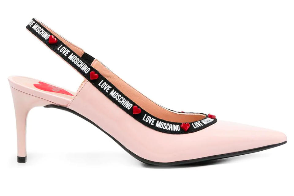 pink heels, slingbacks, love moschino