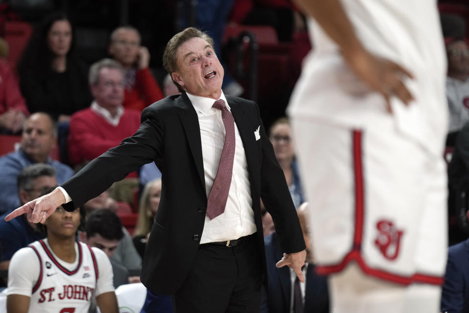 St. John's head coach Rick Pitino reacts during the first half of an NCAA college basketball game against Stony Brook, Tuesday, Nov. 7, 2023, in New York. (AP Photo/Seth Wenig)