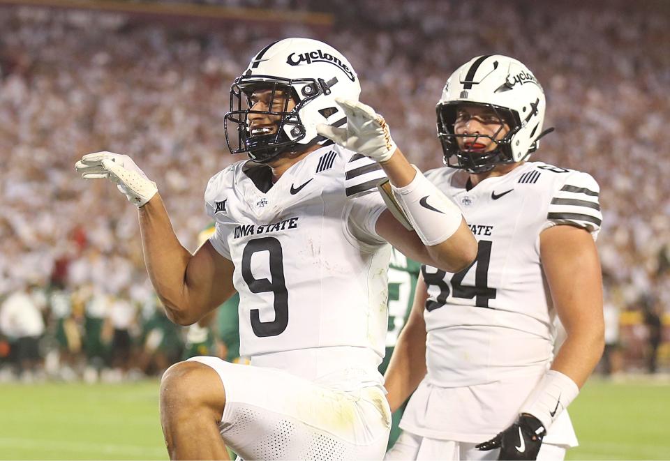 Iowa State Cyclones wide receiver Jayden Higgins (9) celebrates after a touchdown against Baylor during the third quarter in the NCAA football at Jack Trice Stadium on Saturday, Oct. 5, 2024, in Ames, Iowa.