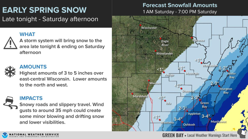 This map shows forecasted snowfall for northeastern Wisconsin on Saturday, released March 24, 2023.