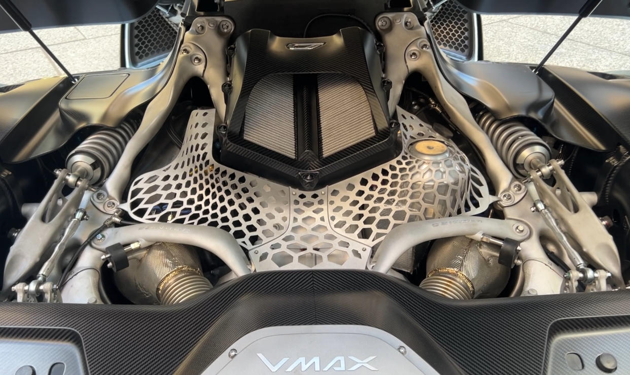 Under the rear clamshell of the 21C supercar, and its parts created by additive manufacturing and 3D printing