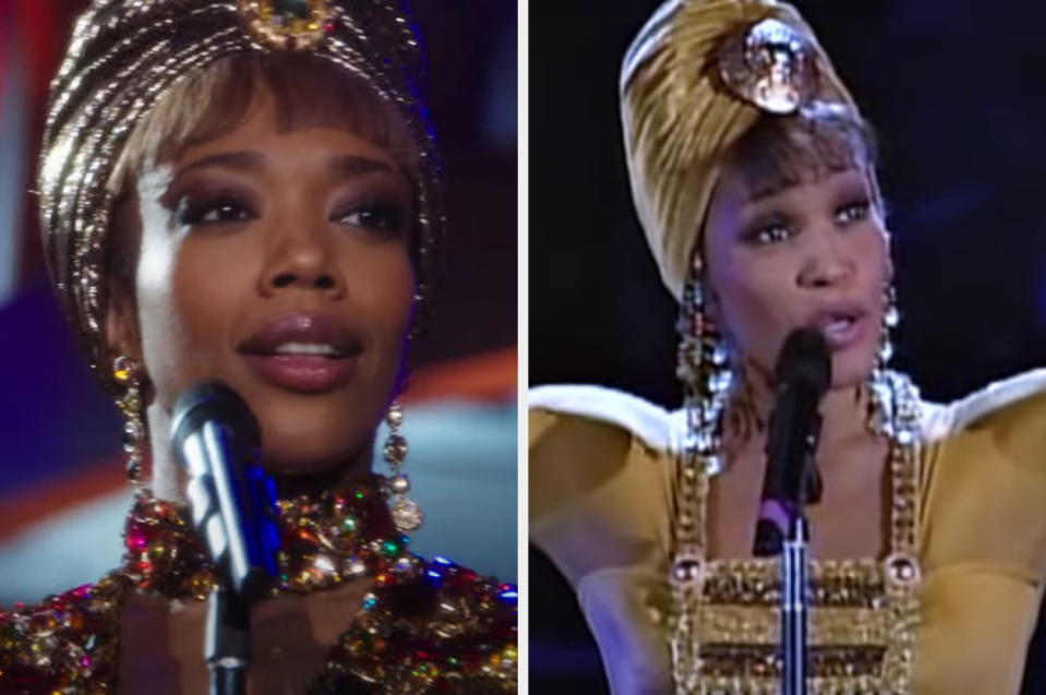 Naomi Ackie reenacts a 1994 Whitney Houston South Africa concert in "Whitney Houston: I Wanna Dance with Somebody"; Whitney Houston performs in South Africa