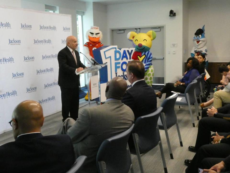 Jackson Health CEO Carlos Migoya speaks during a news conference hosted by the Jackson Health Foundation, the hospital’s philanthropic arm, announcing a new countywide fundraising campaign.