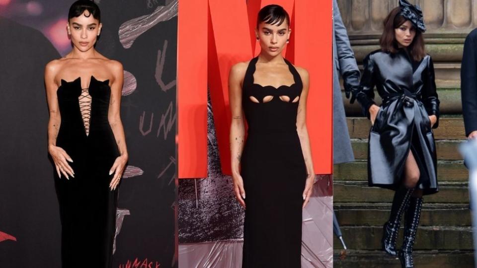 Zoe Kravitz in black Oscar de la Renta lace-up gown with cat-ear shaped bustline, in black Saint Laurent cut-out halter neck and on-set as Catwoman in shiny black coat and lace up black boots.