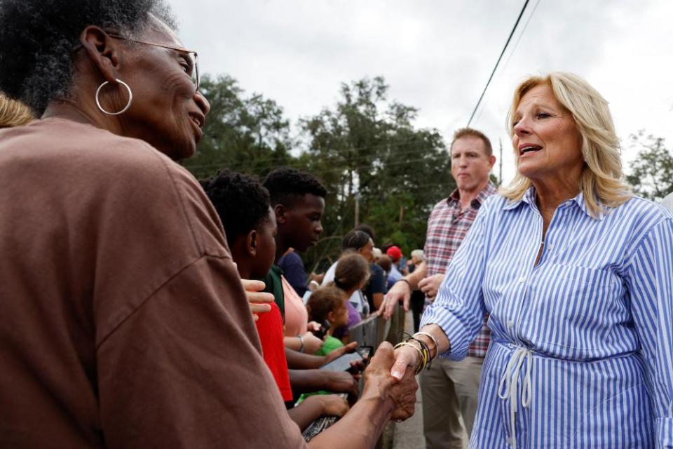 Jill Biden visits with people in Live Oak, Florida, who were affected by Hurricane Idalia.