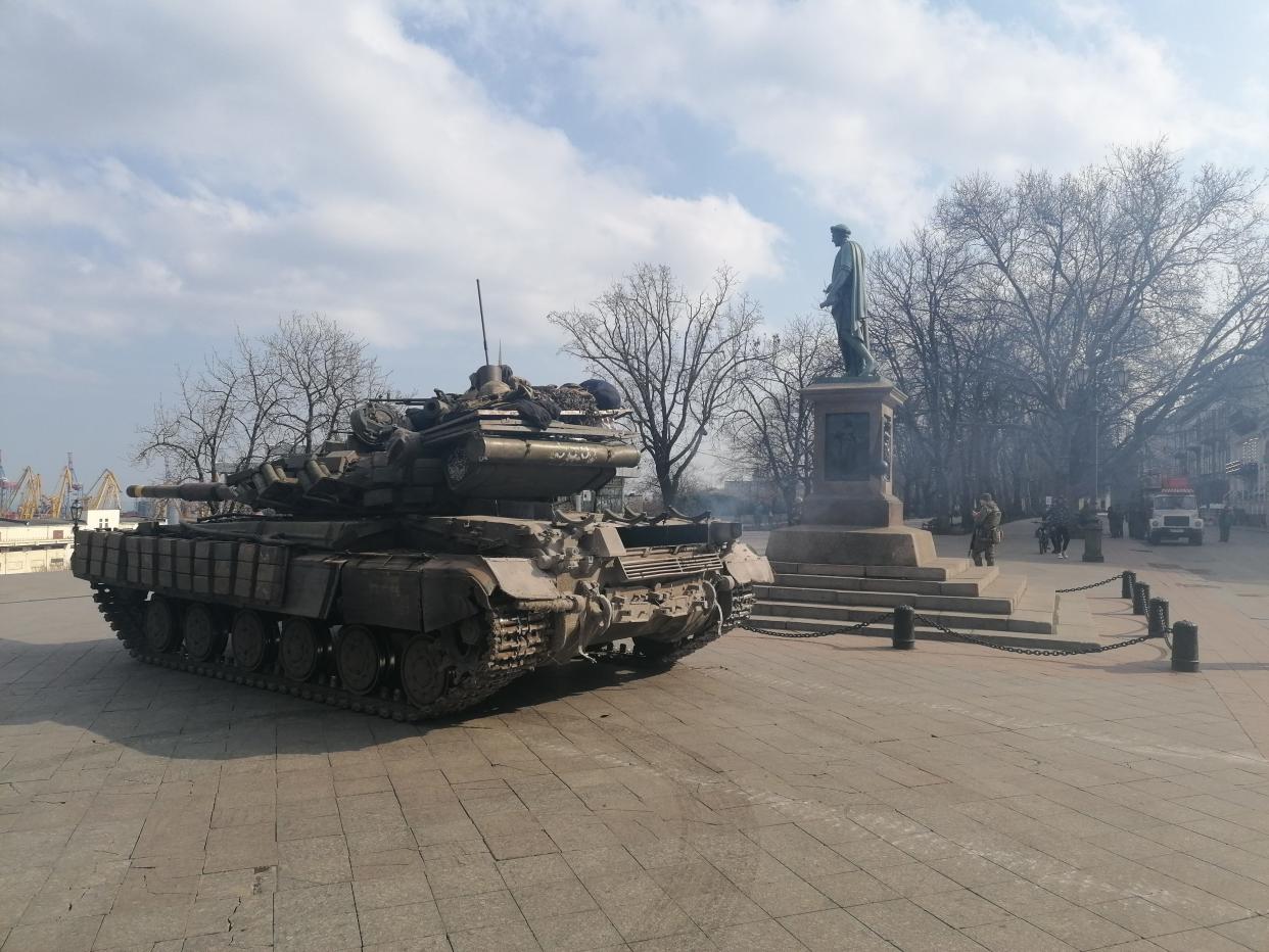 A Ukrainian military tank is seen near Potemkin Stairs in the centre of Odessa after Russia's military operation in Ukraine on February 24, 2022.