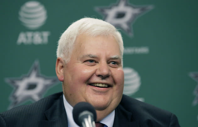 Dallas Stars newly hired NHL hockey team head coach Ken Hitchcock smiles during a news conference in Dallas, Thursday, April 13, 2017. Hitchcock is returning to coach the Stars where he won the Stanley Cup in 1999. He has since coached the Philadelphia Flyers, Columbus Blue Jackets and St. Louis Blues. (AP Photo/LM Otero)