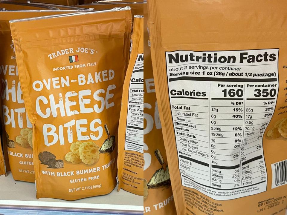 Oven-baked cheese bites at Trader Joe's; Nutrition facts on oven-baked cheese bites