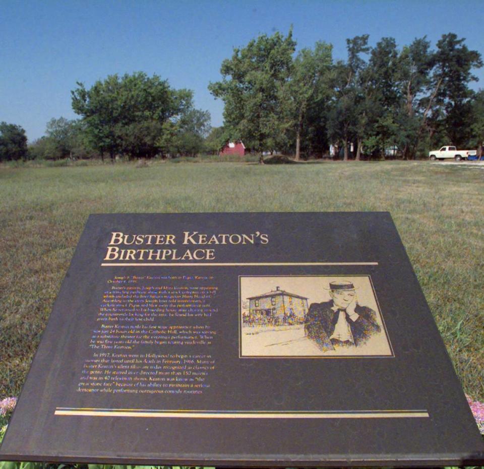 A plaque in Piqua proclaims the southeast Kansas town as Buster Keaton’s birthplace. He happened to be born there because his parents were passing through on their vaudeville tour with Harry Houdini.