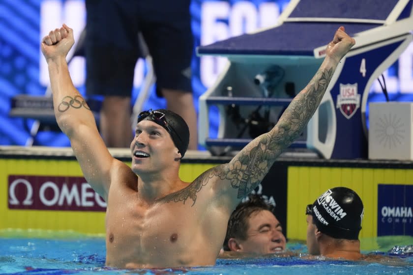 Caeleb Dressel reacts after winning the men's 50 freestyle during wave 2.