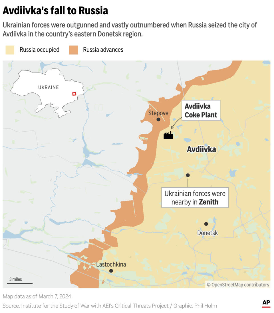 The image above locates the areas around Avdiivka, Ukraine, the city that Russia captured in the country's eastern region. (AP Digital Embed)