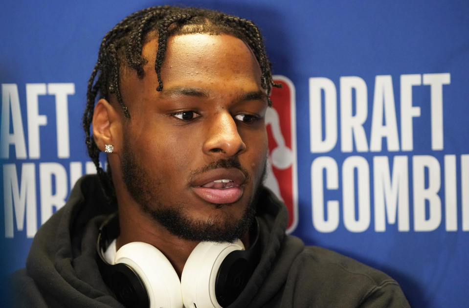 May 14, 2024; Chicago, IL, USA; Bronny James talks to the media during the 2024 NBA Draft Combine at Wintrust Arena. Mandatory Credit: David Banks-USA TODAY Sports