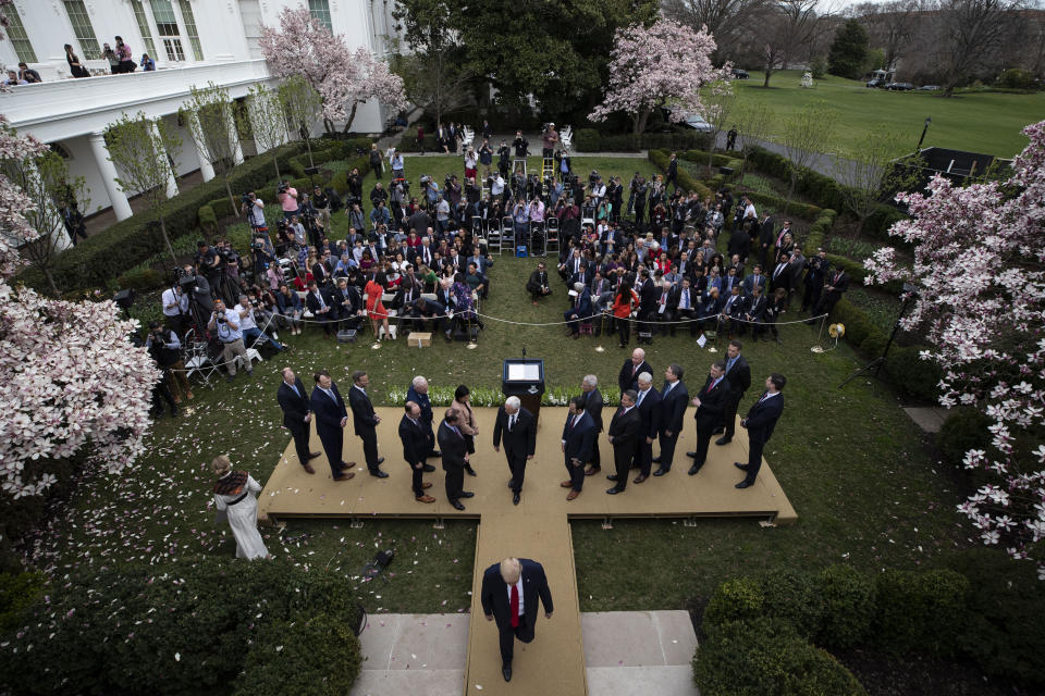 FILE - In this March 13, 2020 file photo, President Donald Trump departs after speaking during a news conference about the coronavirus in the Rose Garden at the White House in Washington. Melania Trump has announced plans to renovate the White House Rose Garden. It's the outdoor space steps away from the Oval Office. (AP Photo/Alex Brandon)