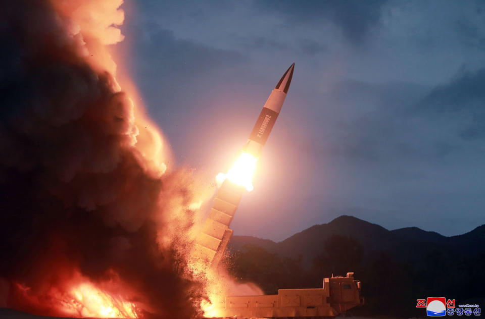 This Saturday, Aug. 10, 2019, photo provided by the North Korean government, shows what it says the launch of a short-range ballistic missile from the east coast of North Korea. North Korea on Saturday extended a recent streak of weapons displays by firing what appeared to be two short-range ballistic missiles into the sea, according to South Korea's military. The content of this image is as provided and cannot be independently verified. Korean language watermark on image as provided by source reads: "KCNA" which is the abbreviation for Korean Central News Agency. (Korean Central News Agency/Korea News Service via AP)