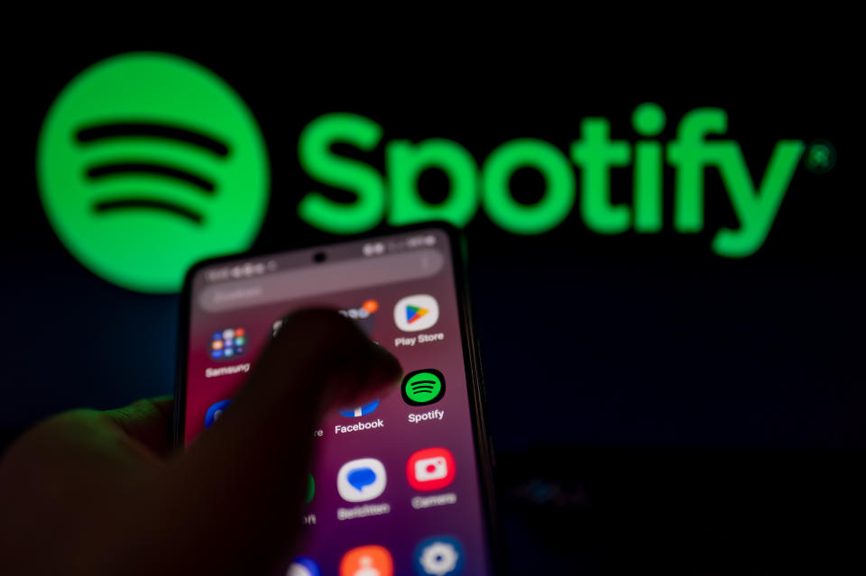 Spotify logo displayed on a smart phone with Spotify seen on screen, in this photo illustration, on 15 August 2023 Brussels, Belgium. (Photo Illustration by Jonathan Raa/NurPhoto via Getty Images)