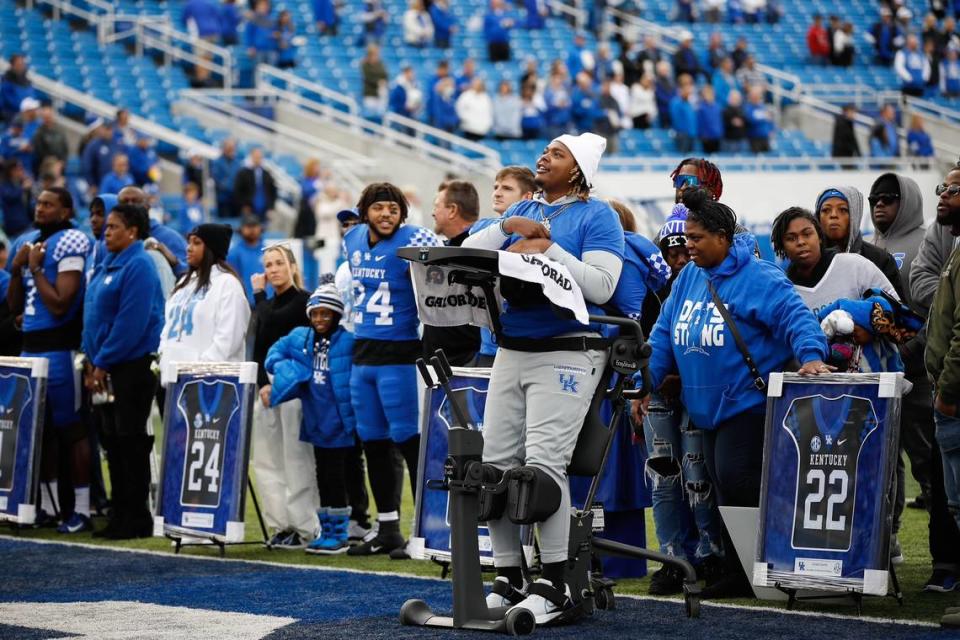 Chris Oats was among the players honored during UK’s Senior Day ceremony at Kroger Field on Saturday.