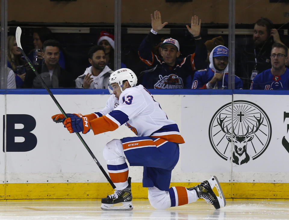 New York Islanders center Mathew Barzal celebrates his goal during the second period of the team's NHL hockey game against the New York Rangers on Thursday, Dec. 22, 2022, in New York. (AP Photo/John Munson)