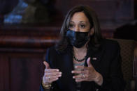 Vice President Kamala Harris speaks after dropping in on a meeting in the Eisenhower Executing Office Building on the White House complex in Washington, Monday, Oct. 25, 2021, to surprise those attending a climate meeting. (AP Photo/Susan Walsh)