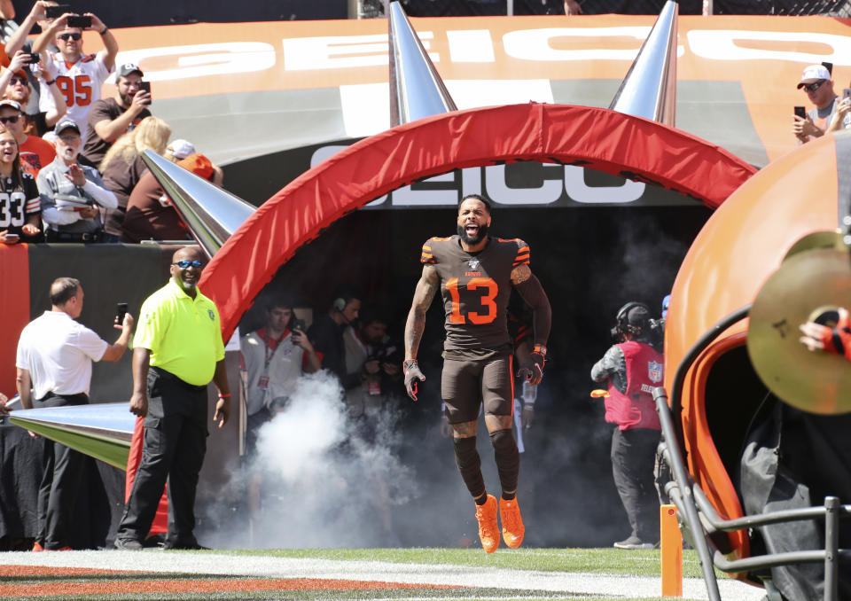 Cleveland Browns wide receiver Odell Beckham Jr. is introduced before an NFL football game against the Tennessee Titans, Sunday, Sept. 8, 2019, in Cleveland. (AP Photo/Ron Schwane)