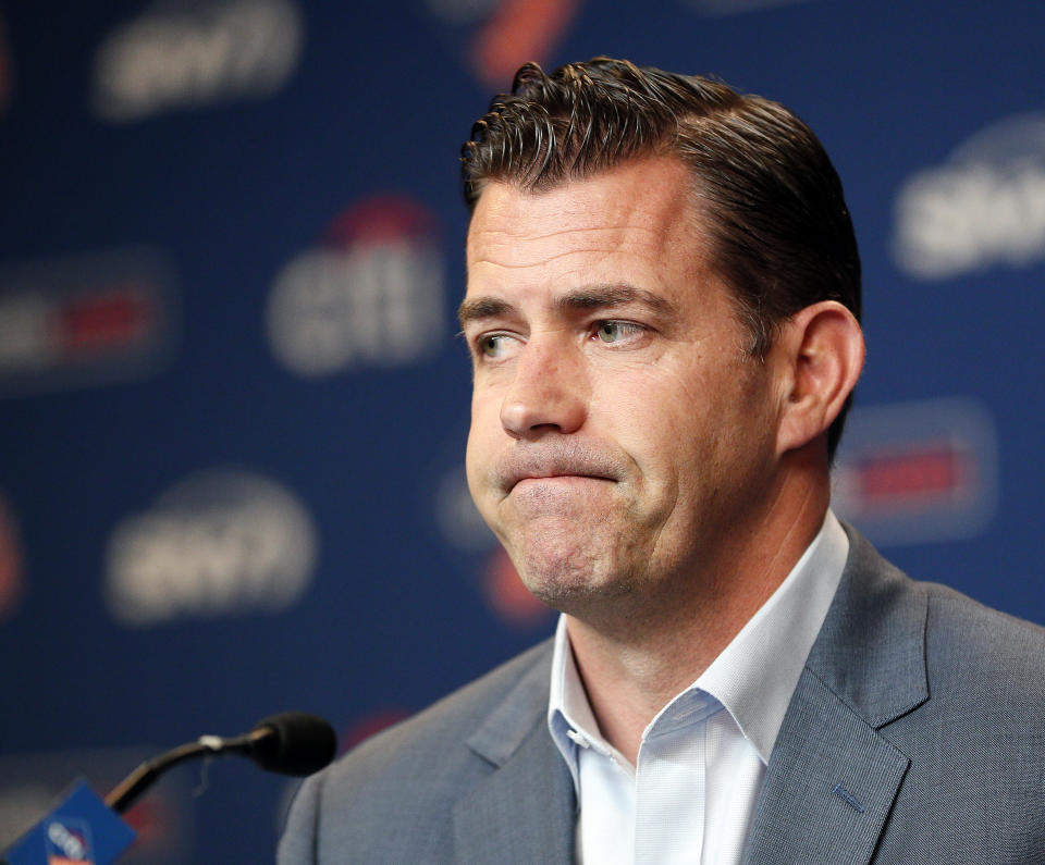 NEW YORK, NY - MAY 20:  Brodie Van Wagenen, General Manager of the New York Mets, reacts to a question as he talks to the media during his press conference showing support for manager Mickey Callaway this afternoon before an MLB baseball game against the Washington Nationals on May 20, 2019 at Citi Field in the Queens borough of New York City. Mets won 5-3. (Photo by Paul Bereswill/Getty Images)