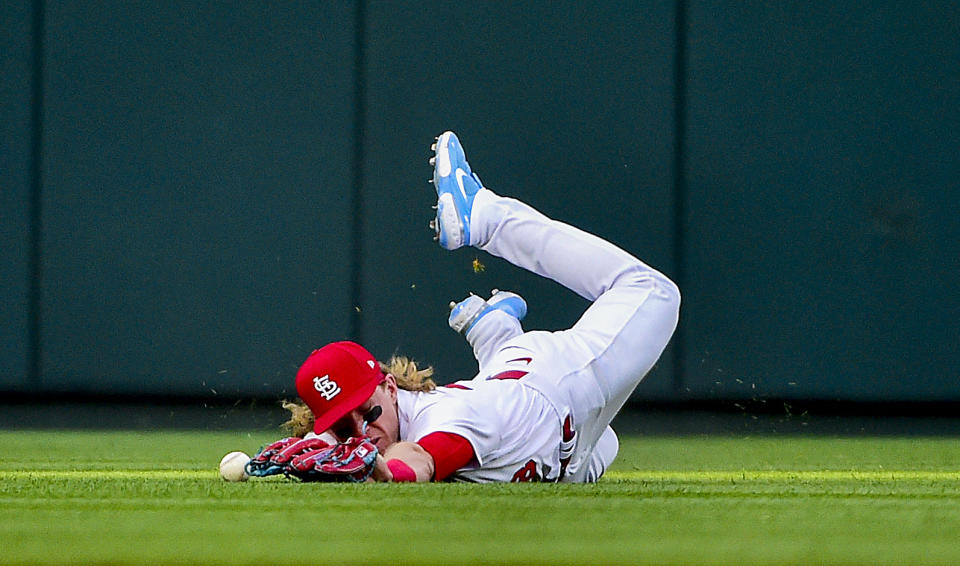 Apr 25, 2022; St. Louis, Missouri, USA;  St. Louis Cardinals center fielder Harrison Bader (48) dives but is unable to catch a ball hit by New York Mets third baseman Eduardo Escobar (10) during the second inning at Busch Stadium. Mandatory Credit: Jeff Curry-USA TODAY Sports