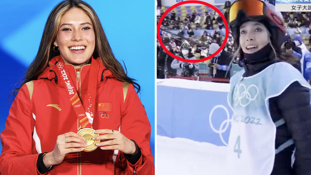 Olympic Skier & Model Eileen Gu Poses With Her Gold Medals in Red