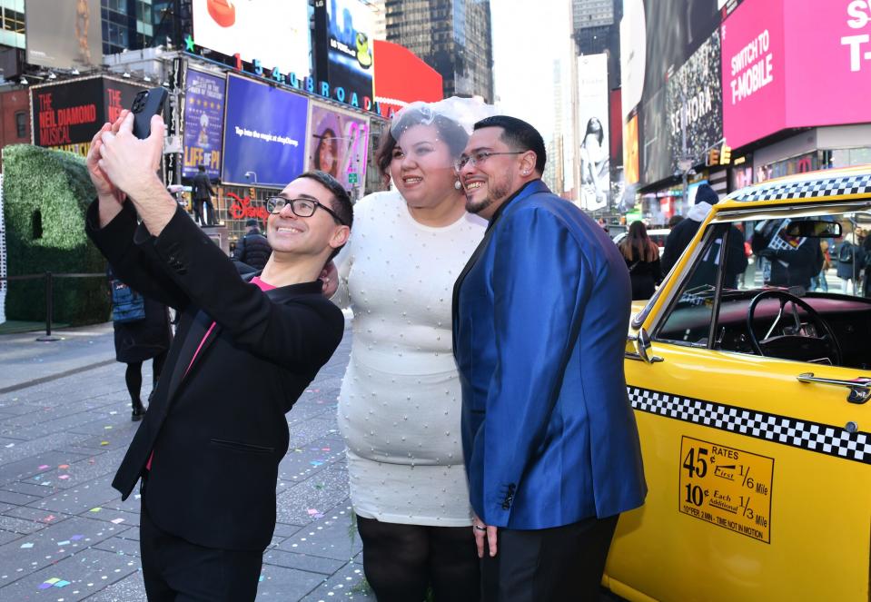 Christian Siriano attends as Minted Weddings and Christian Siriano ring in Valentine's Day with pop-up wedding ceremonies in Times Square at Duffy Square in Times Square on February 14, 2023 in New York City.