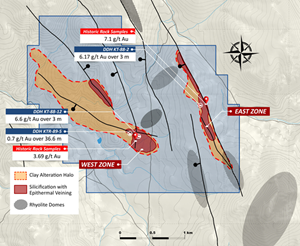 Primary targets at the Katey Project, key geologic features, select historic drilling and rock sampling highlights.