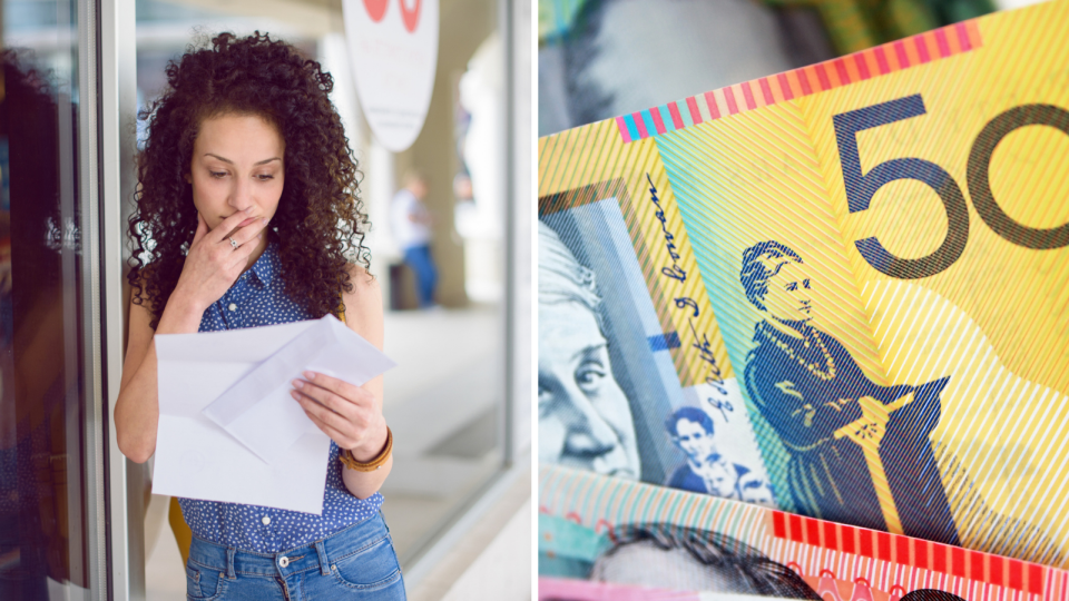 Woman looks at report while standing outside, close image of Australian $50 note. 