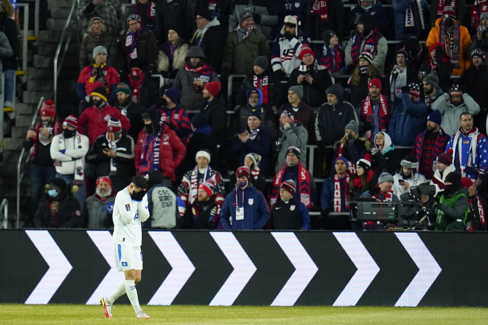 El Salvador's Alex Roldan reacts after missing a shot against the United States during the first half of a FIFA World Cup qualifying soccer match, Thursday, Jan. 27, 2022, in Columbus, Ohio. The U.S. won 1-0. (AP Photo/Julio Cortez)