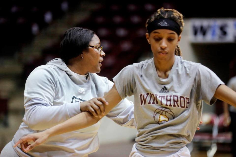 Withrop women’s basketball coach Semeka Randall Lay works with Frances Brown during a practice. The team will play Wednesday in the conference tournament. Tracy Kimball/tkimball@heraldonline.com
