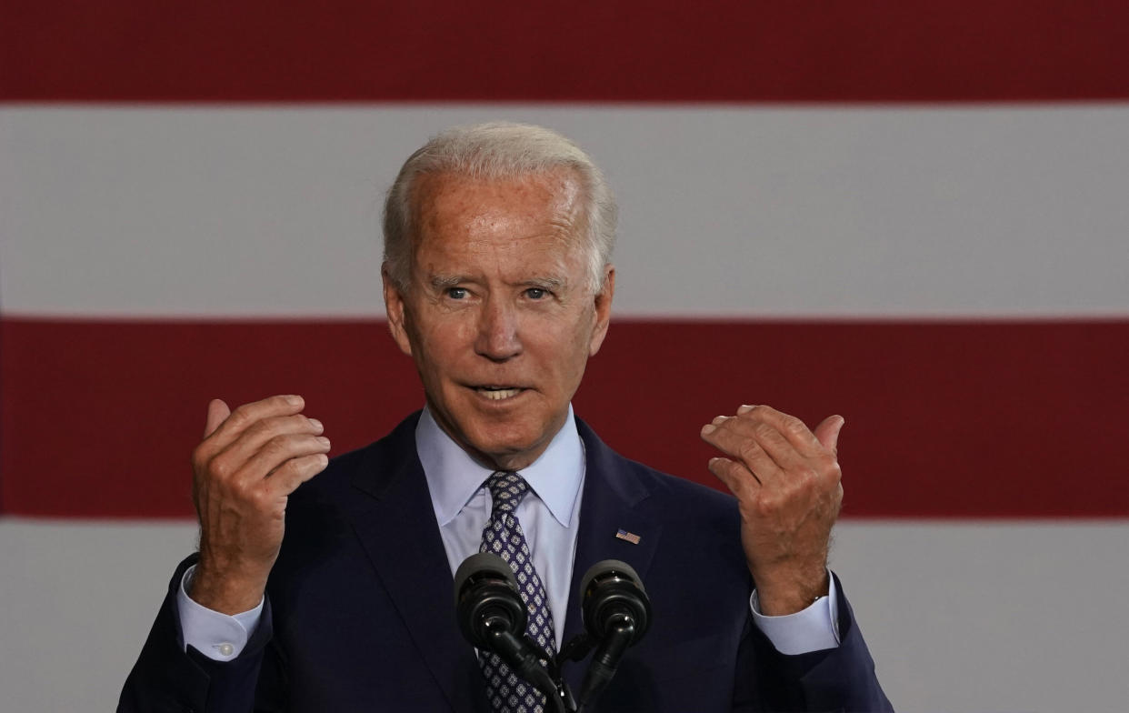 Democratic nominee for president Joe Biden gives a speech to workers after touring McGregor Industries in Dunmore, Pennsylvania, on July 9. (Photo: TIMOTHY A. CLARY via Getty Images)