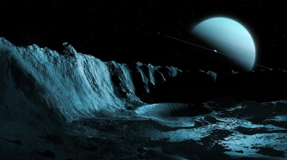 An artist’s concept of Uranus, as seen from the surface of Ariel, one of its moons. <a href="https://www.gettyimages.com/detail/illustration/uranus-seen-from-ariel-illustration-royalty-free-illustration/1088373686?phrase=Uranus&adppopup=true" rel="nofollow noopener" target="_blank" data-ylk="slk:Mark Garlick/Science Photo Laboratory via Getty Images;elm:context_link;itc:0;sec:content-canvas" class="link ">Mark Garlick/Science Photo Laboratory via Getty Images</a>