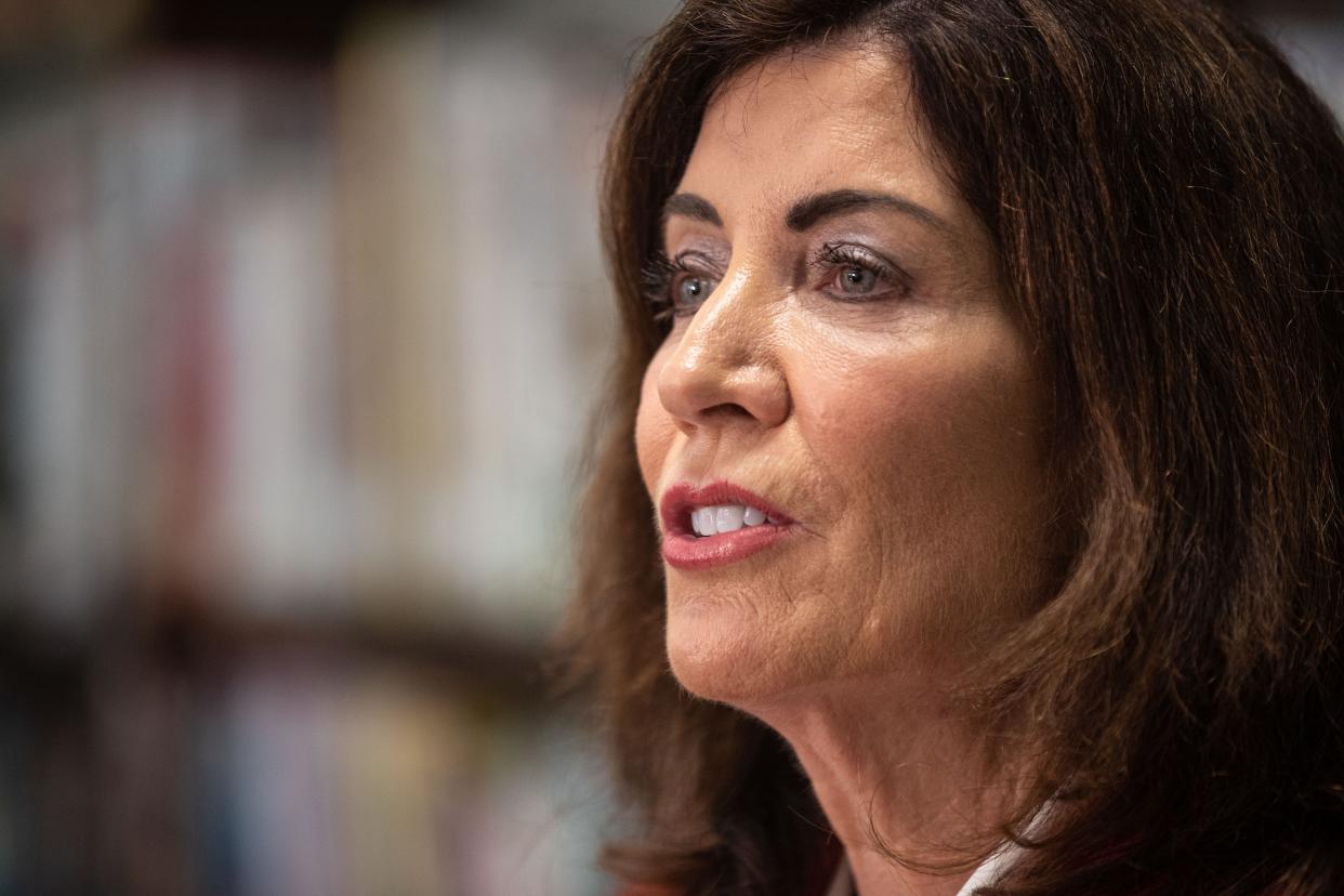 New York State Governor Kathy Hochul speaks to the media after visiting with students at the Washington Irving Middle School in Tarrytown during the first day of school Sept. 5, 2023.