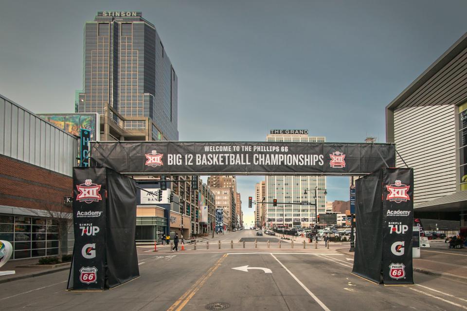 Mar 9, 2022; Kansas City, MO, USA; A general view of the entrance to the Big 12 fan experience prior to the game between the West Virginia Mountaineers and the Kansas State Wildcats at T-Mobile Center. Mandatory Credit: William Purnell-USA TODAY Sports ORG XMIT: IMAGN-480100 ORIG FILE ID:  20220309_jcd_pa6_085.JPG