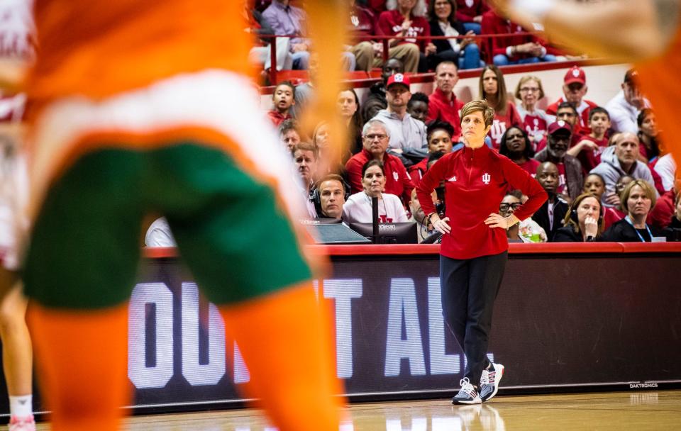 Indiana Head Coach Teri Moren watches during the first half of the NCAA Tournament Second Round game between Indiana and Miami (FL) at Simon Skjodt Assembly Hall on Monday, March 20, 2023.