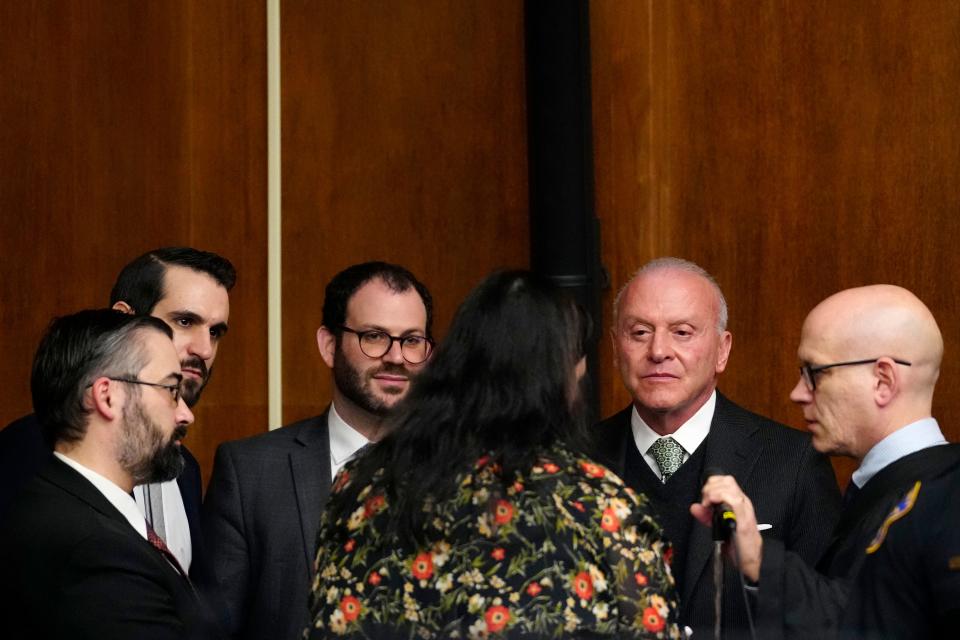 Defense attorney, Anthony Pope (second from right) is shown with Judge Christopher Kazlau (far right) and other attorneys are shown during a sidebar, at the Bergen County Courhouse in Hackensack, Wednesday March 27, 2024.