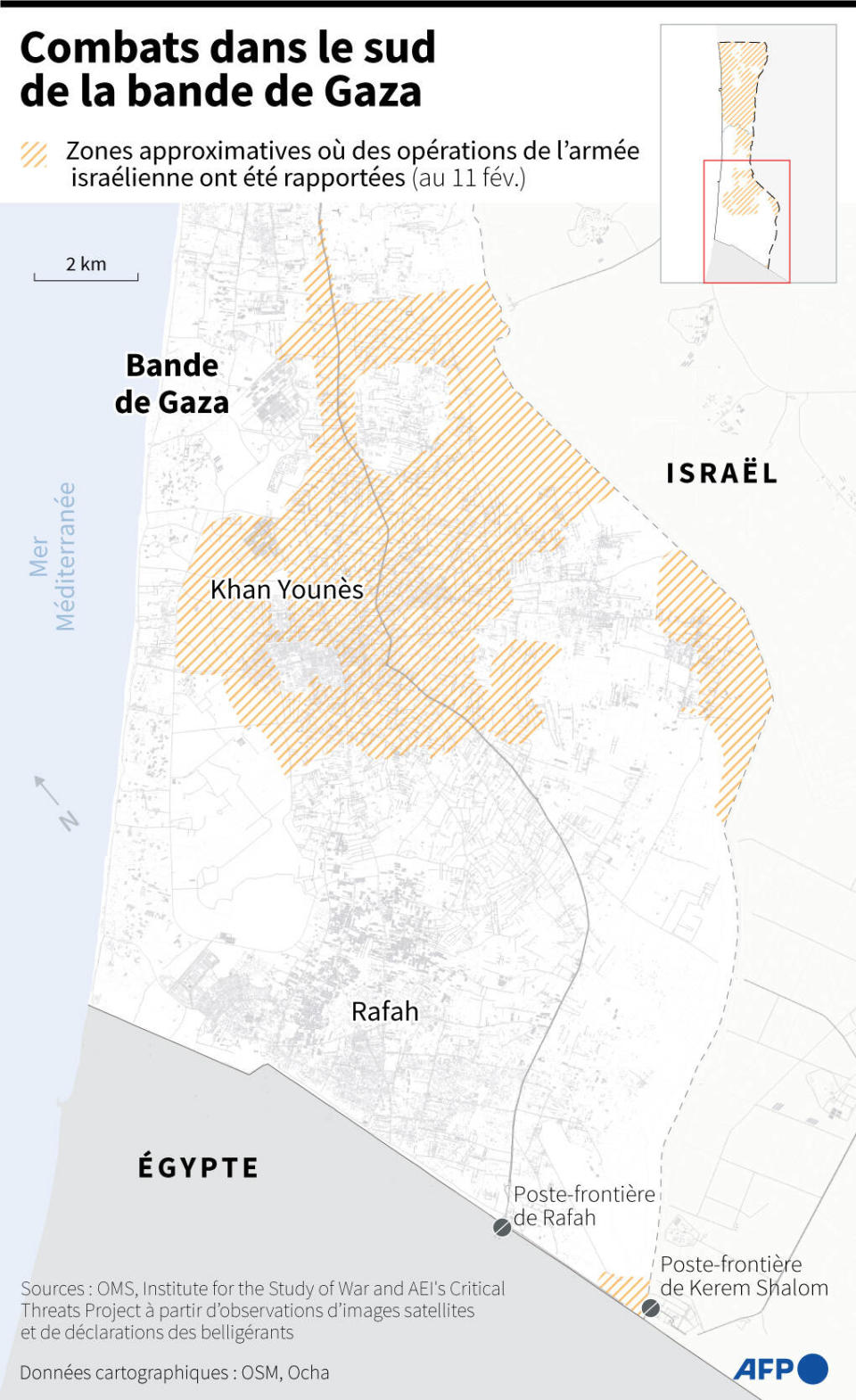 Carte AFP de la situation à la bande de Gaza. Les zones en jaunes montrent les « zones approximatives où des opérations de l’armée israéliennes » étaient rapportées, au 11 février.