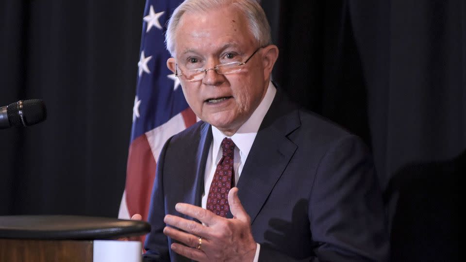 Then-Attorney General Jeff Sessions speaks about immigration in Fort Wayne, Indiana, on June 14, 2018. Sessions cited the Bible in defense of his border policy that resulted in hundreds of children being separated from their parents. - The Journal Gazette/AP/FILE