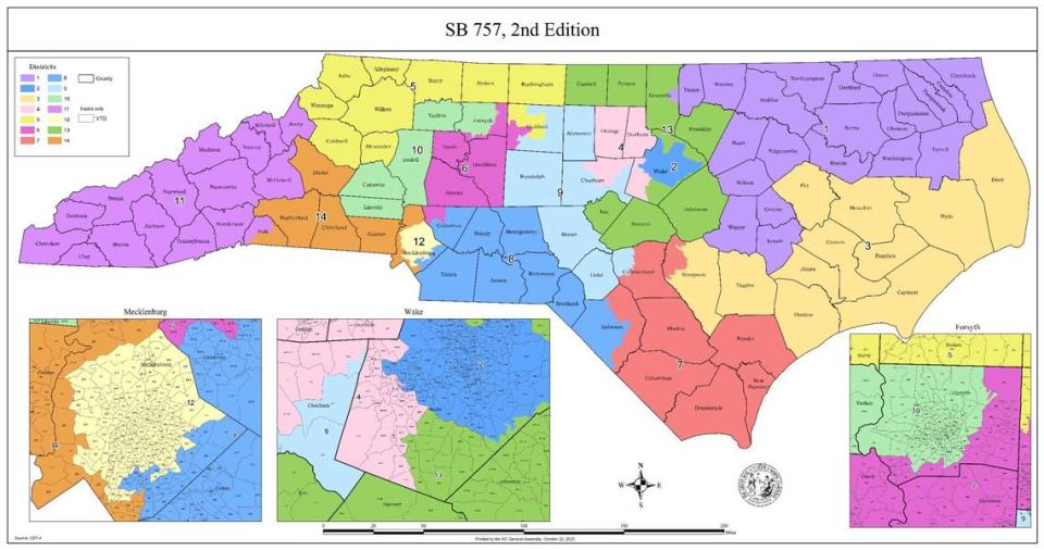The final congressional map passed by the N.C. General Assembly on Oct. 25, 2023, for use in the 2024 elections.