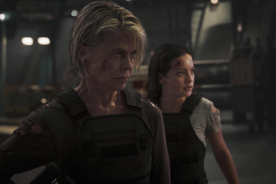 This image released by Paramount Pictures shows Linda Hamilton, left, and Natalia Reyes in "Terminator: Dark Fate." (Kerry Brown/Paramount Pictures via AP)