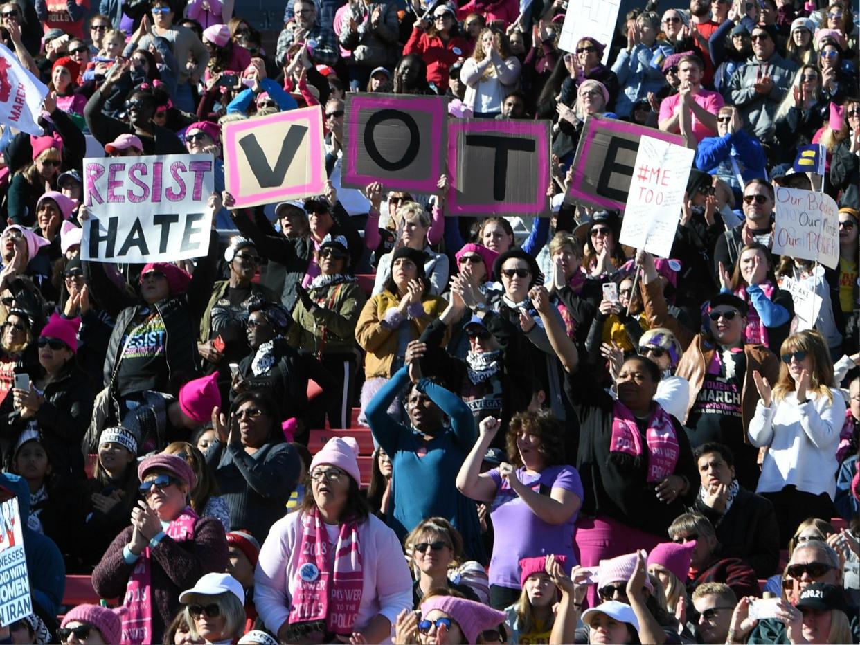 Demonstrators attend the Women's Marchon 21 January 2018 in Las Vegas, Nevada: Ethan Miller/Getty Images