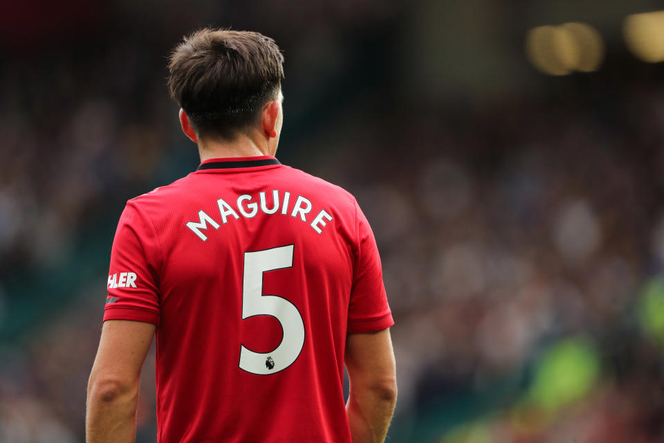 MANCHESTER, ENGLAND - AUGUST 11: Harry Maguire of Manchester United during the Premier League match between Manchester United and Chelsea FC at Old Trafford on August 11, 2019 in Manchester, United Kingdom. (Photo by Matthew Ashton - AMA/Getty Images)