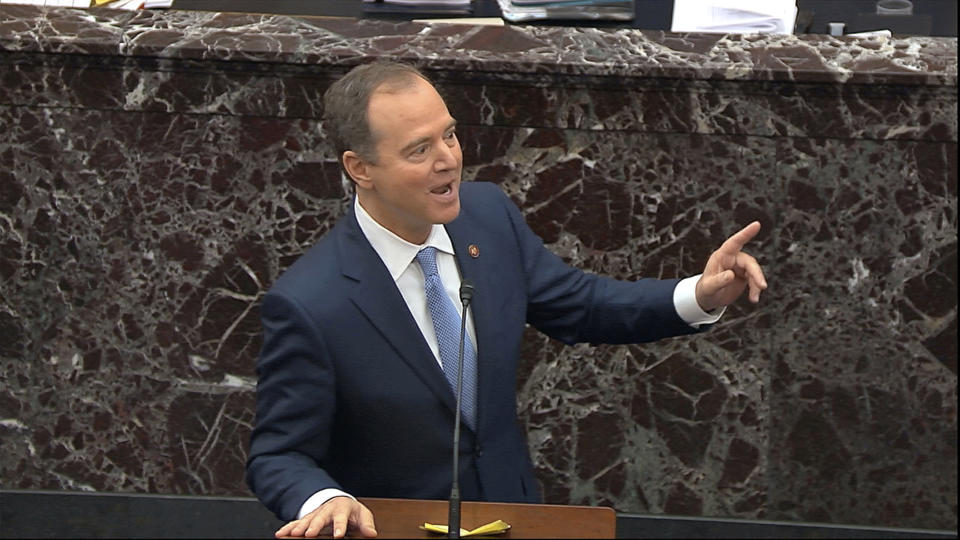 In this image from video, impeachment manager Rep. Adam Schiff, D-Calif., speaks during the impeachment trial against President Donald Trump in the Senate at the U.S. Capitol in Washington, Tuesday, Jan. 21, 2020. (Senate Television via AP)