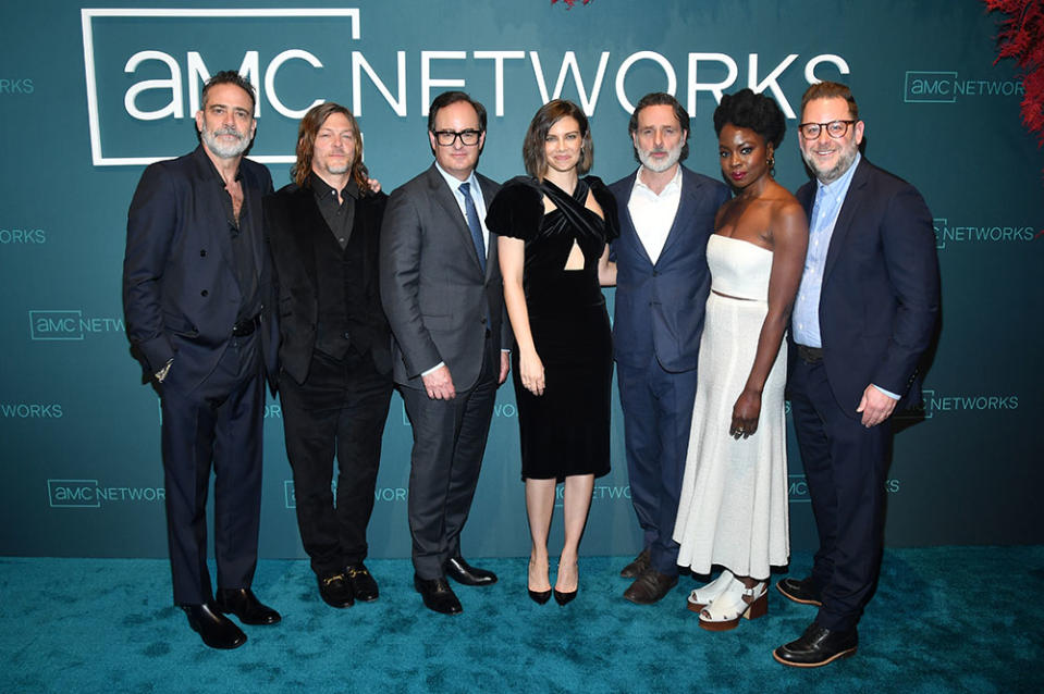 Jeffrey Dean Morgan, Norman Reedus, Dan McDermott, President of Entertainment and AMC Studios, Lauran Cohan, Andrew Lincoln, Danai Gurira and Ben Davis, Executive Vice President of AMC Studios, attend AMC Networks 2023 Upfront at Jazz at Lincoln Center on Tuesday, April 18, 2023 in New York.