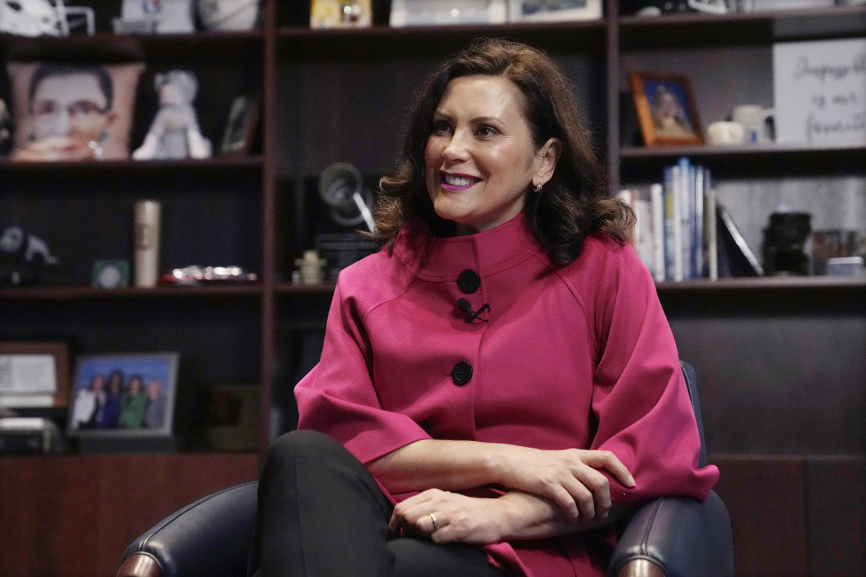 FILE - Michigan Gov. Gretchen Whitmer is interviewed by The Associated Press in her office, Nov. 17, 2022, in Lansing, Mich. Democrats will be in charge of Michigan's state government for the first time in nearly 40 years come January, raising progressive hopes of undoing decades of Republican-backed measures and advancing an agenda that includes restrictions on guns and help for the working poor. (AP Photo/Carlos Osorio, File)