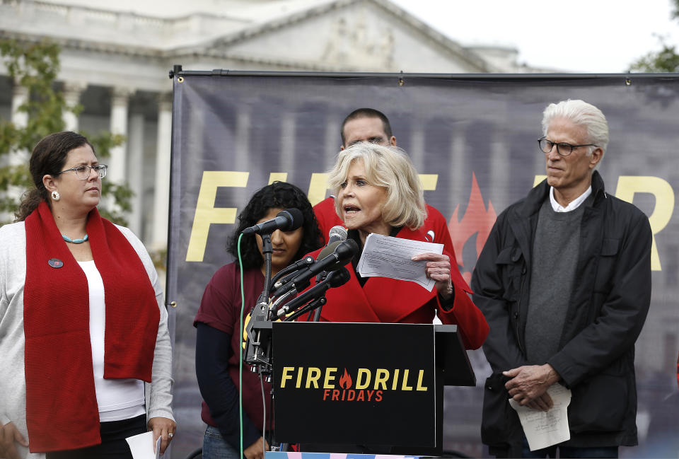 WASHINGTON, DC - OCTOBER 25:  Actor Jane Fonda and Ted Danson speak during "Fire Drill Friday" Climate Change Protest on October 25, 2019 in Washington, DC .Protesters demand Immediate Action for a Green New Deal. Clean renewable energy by 2030, and no new exploration or drilling for Fossil Fuels.  (Photo by John Lamparski/Getty Images)