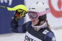 United States' Paula Moltzan reacts after completing an alpine ski, women's World Cup slalom, in Spindleruv Mlyn, Czech Republic, Saturday, Jan. 28, 2023. (AP Photo/Giovanni Maria Pizzato)